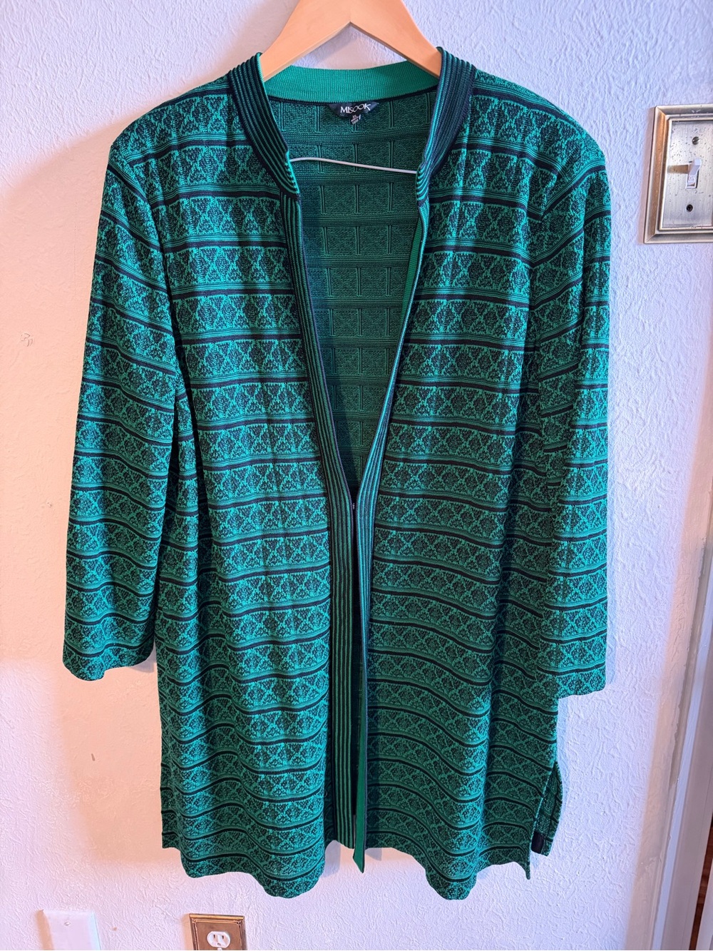 Misook Teal and Black Patterned Open Cardigan